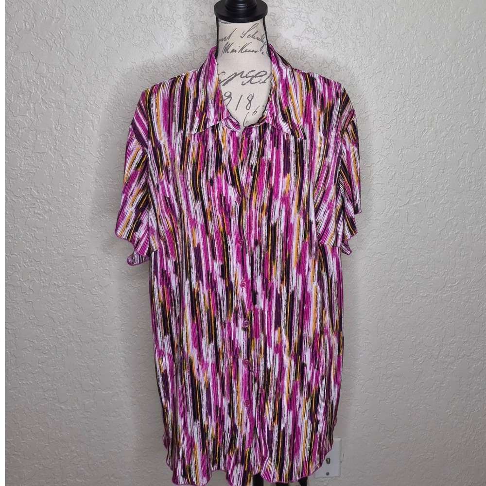 Dressbarn Woman 3X Pink Purple Abstract Stripe Plisse Crinkle Button Down Shirt